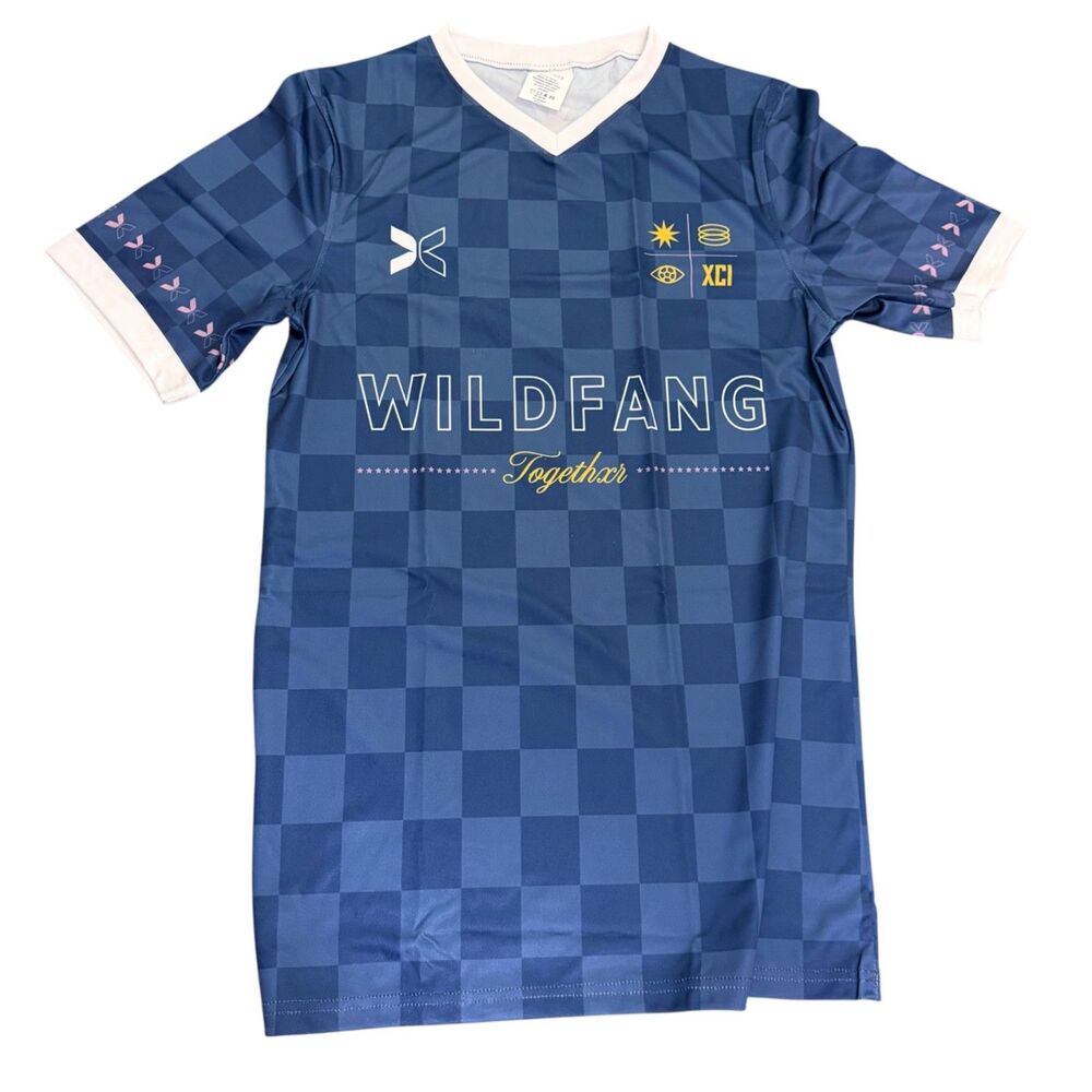 Wildfang x TOGETHXR Soccer Jersey Size Small Blue Checkerboard V-Neck Shirt NWOT